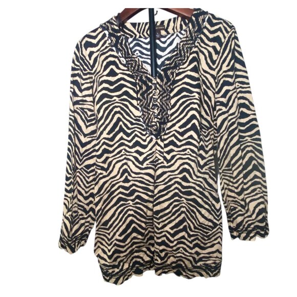 Zebra Print V-Neck Tunic Top Long Sleeves Womens Size L Exotic Casual Boho - Picture 2 of 9